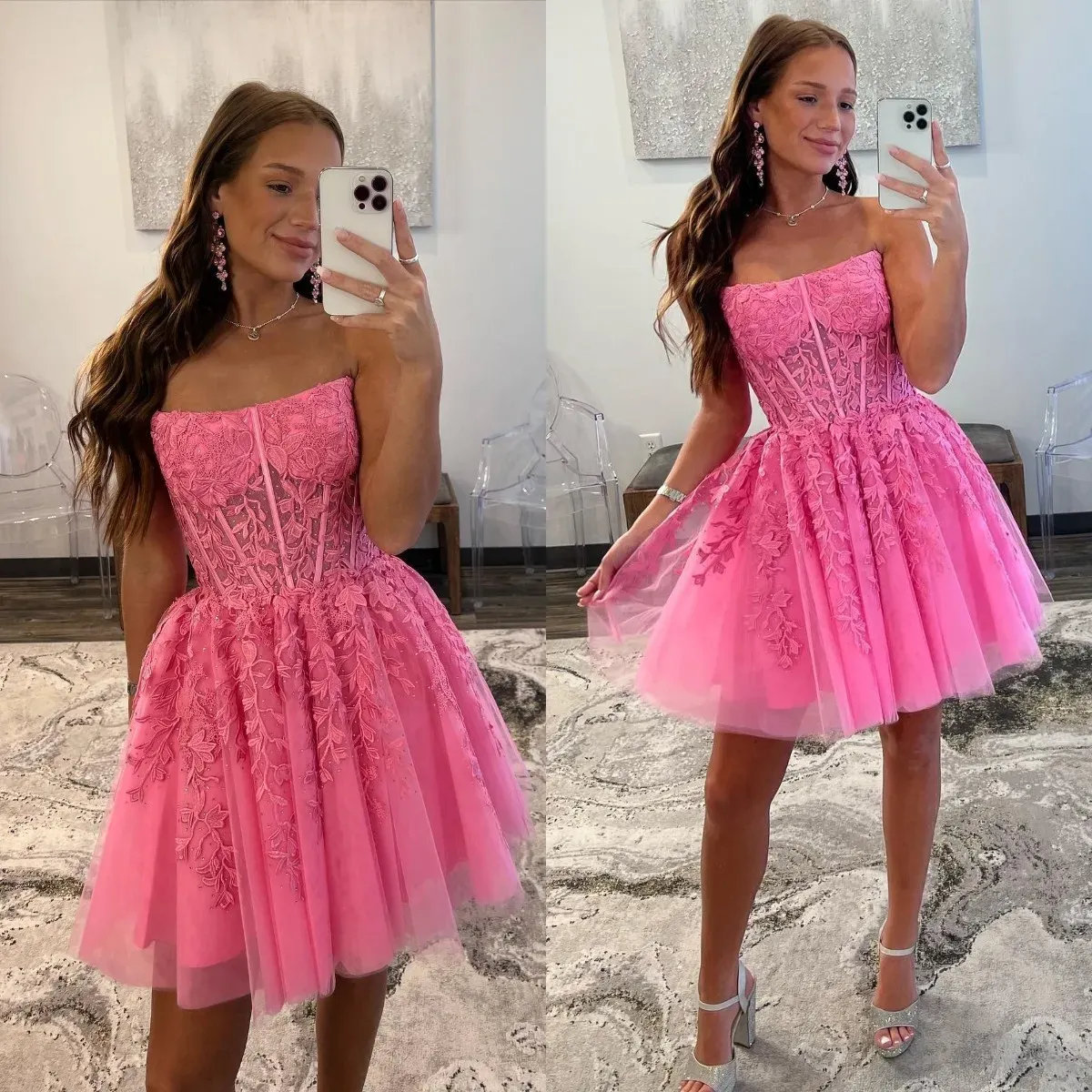 2023 Hot Pink Prom -klänningar spetsar Applique Stropplös illusion över knälängd Mini Tullecustom gjorde Ruched Evening Party -klänningar Vestidos plus storlek