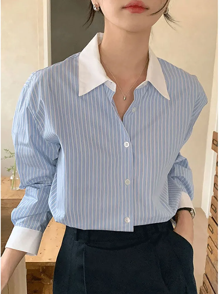 Bluzki damskie koszule w paski koszulę kobiet kontrast kolor bluzki swobodna bluzka Kobieta Lapowa Koszulka Długie koszule Modna koszula biurowa Spring 230908