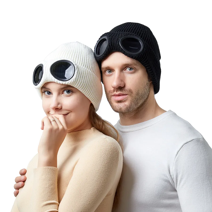 Pilotglasögon skidhålhatt för män kvinnor par matchar hattar mode garn tjock snö mössa vinterhuvud varmare