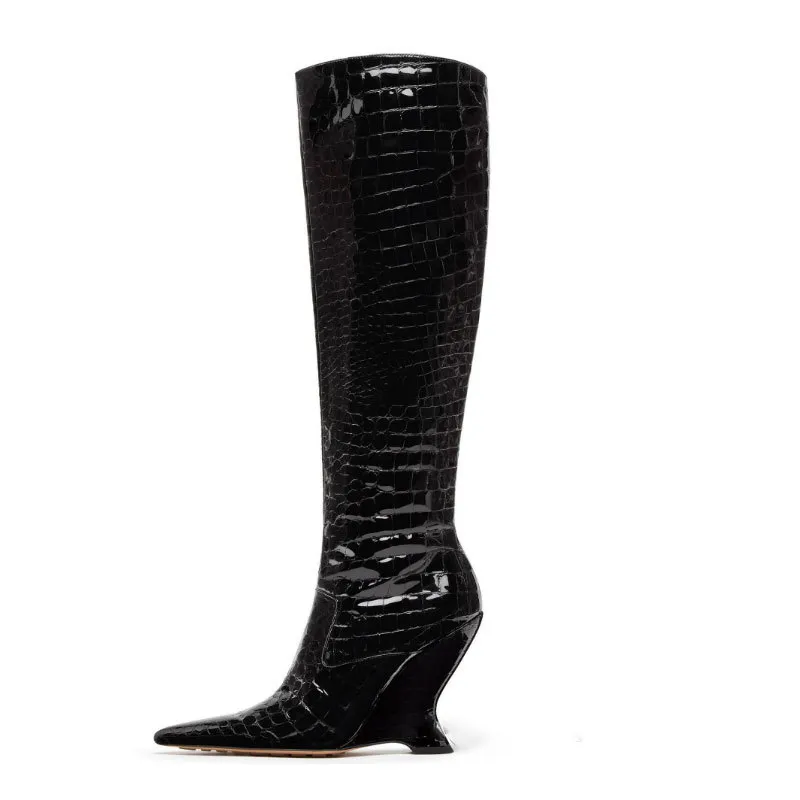 New Pointed Sloping High Heel Side Zipper Knee High Boots, Patent Leather Stone Pattern Women's Boots For girls Party Shoes