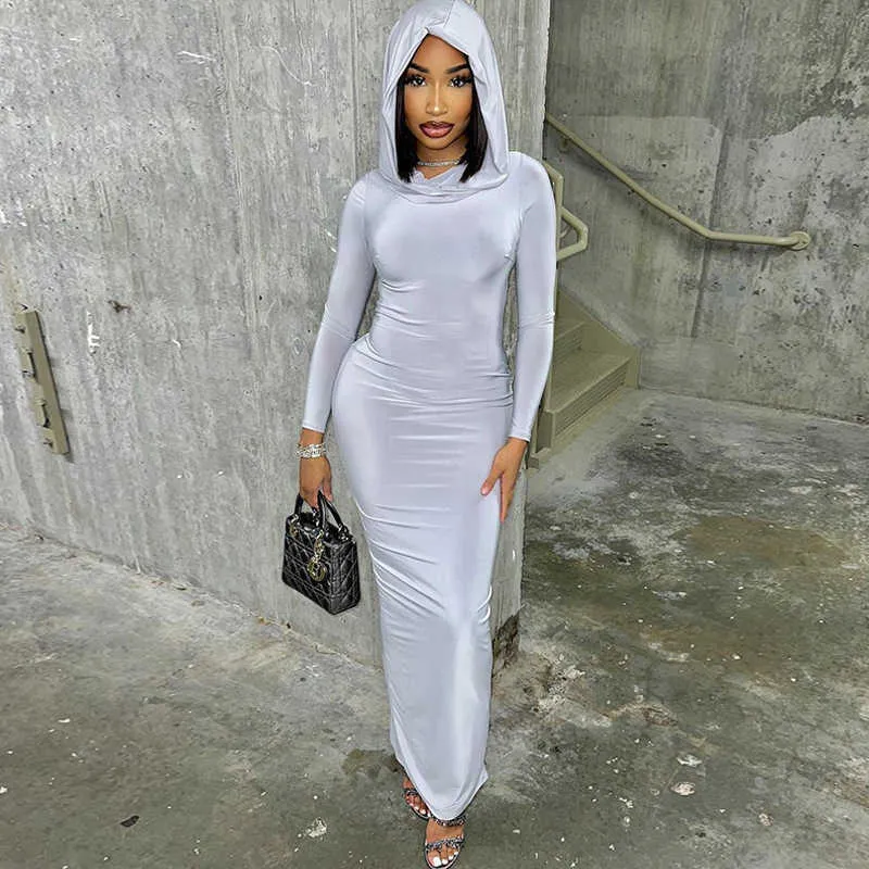 Abiti casual Abito tubino tinta unita con cappuccio Stile socialite Gonna lunga a un passo Gonna pullover a maniche lunghe Donna T230909