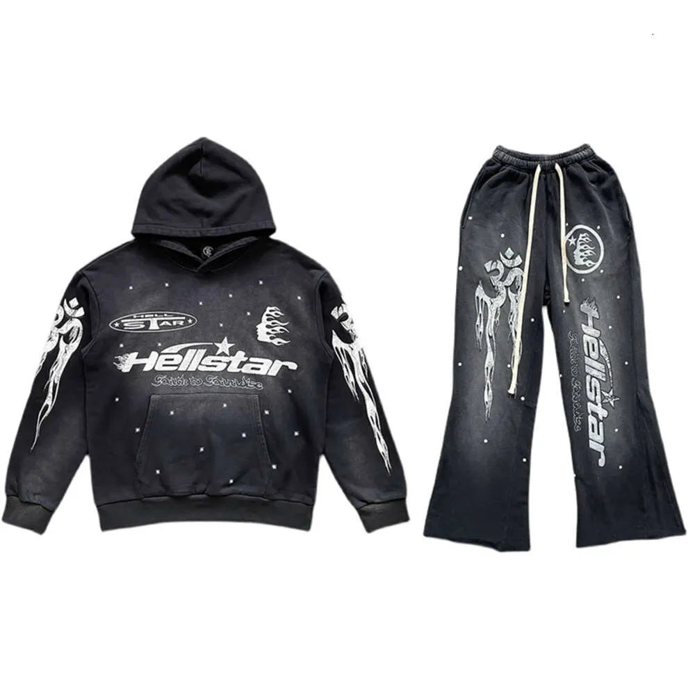 Erkek Hoodies Hellstar Flare Siyah Pantolon Hoodie Yıkama ve Patchwork Uzun Sweater Seti