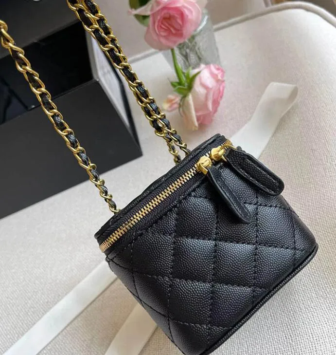 Women Crossbody Bags Shoulder Handbags Designer Luxury Mini Portable Box Cosmetic Lipstick Bag Sheepskin Black Ladies Fashion Small Purses Golden Ball Chain 11cm