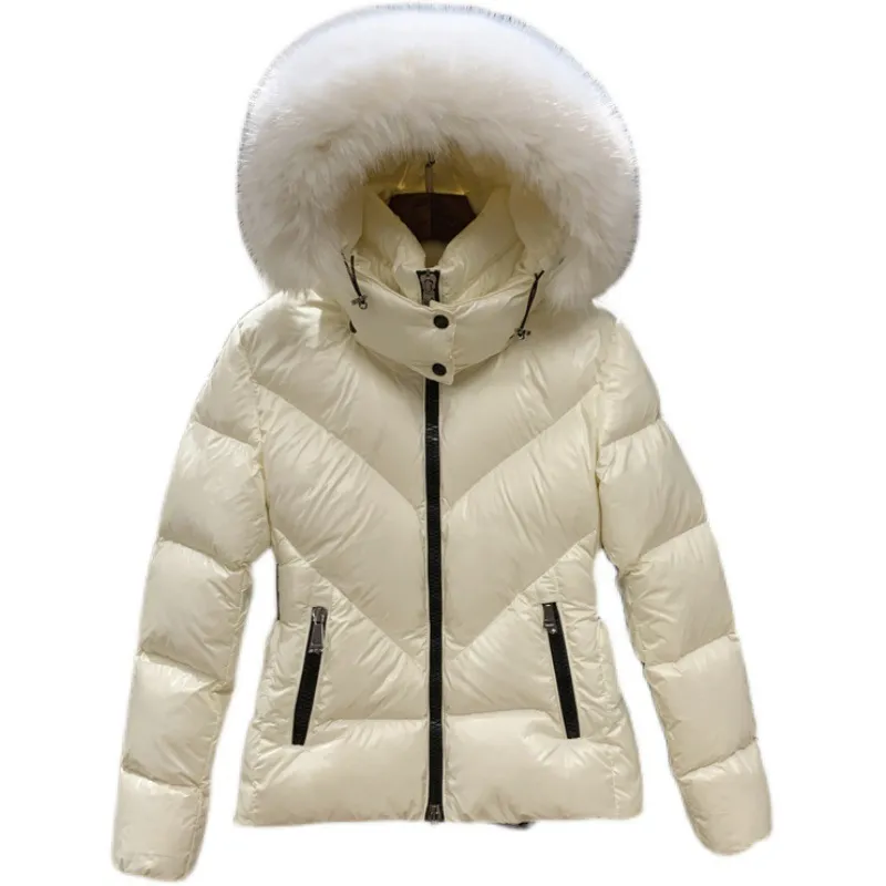 Fox Fur Womens Coat Bright Black Down Puffer Jacket With Fox