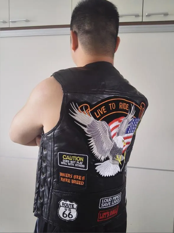 Heren Vesten BONJEAN Merk Echt Leer Motorfiets Vest With14 Patches Amerikaanse Vlag Eagle Biker Hoge Kwaliteit Schapenvacht S4XL 230909