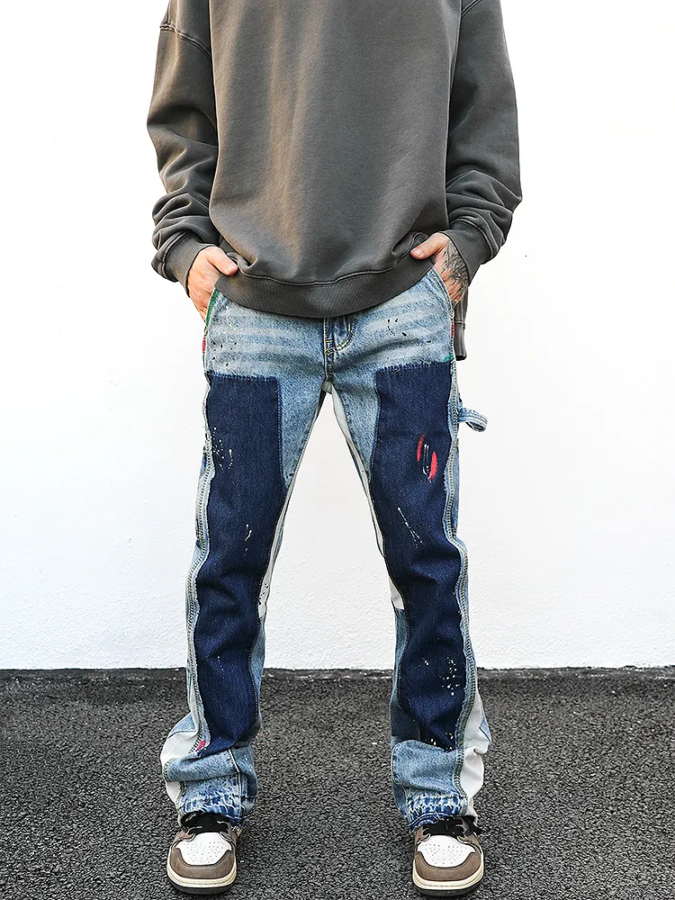 Jeans pour hommes High Men Street Retro Ink Splash Patchwork Ripped Flare Pantalon et Femmes Droite Casual Surdimensionné 230909