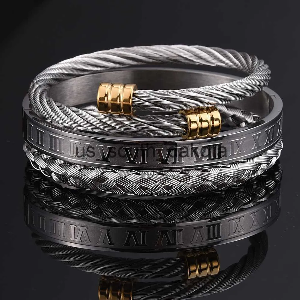 Chain 3pcs/Set Roman Numeral Men Bracelet Handmade Stainless Steel Hemp Rope Buckle Open Bangles Pulseira Bileklik Luxury Jewelry x0909 x0910