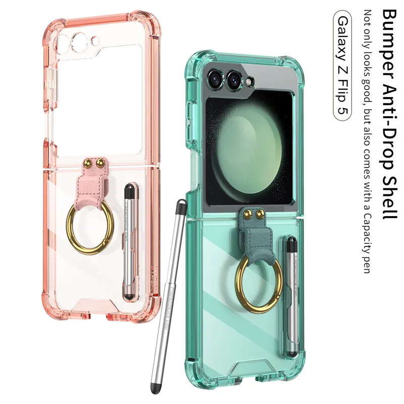 Capa de telefone luxuosa à prova de choque transparente Vogue para Samsung Galaxy Z dobrável Flip5 5G suporte de dedo durável transparente com suporte dobrável com caneta de capacitância