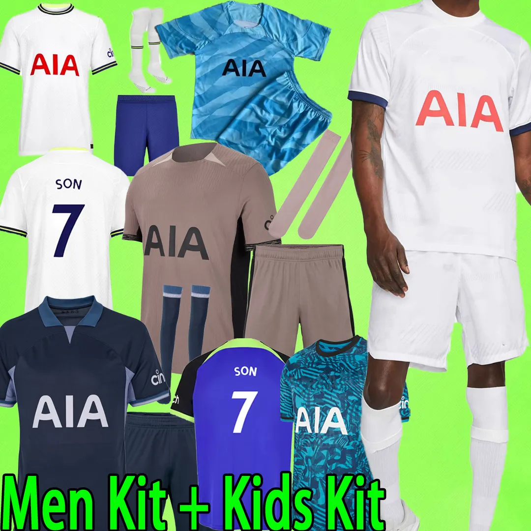 23/24 Tottenham Futebol Jerseys Homens Conjuntos Mulher Kids Kit NDOMBELE SON 2023 2024 KULUSEVSKI GK CELSO LUCAS Camisas de futebol goleiro PERISIC Player versão manga longa