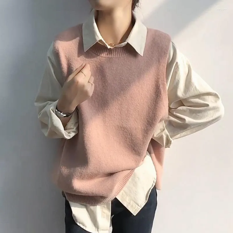 Damesvesten Korea Fashion Trui Herfst Gebreide Tops Vest Ronde Hals Roze Mouwloos Vest