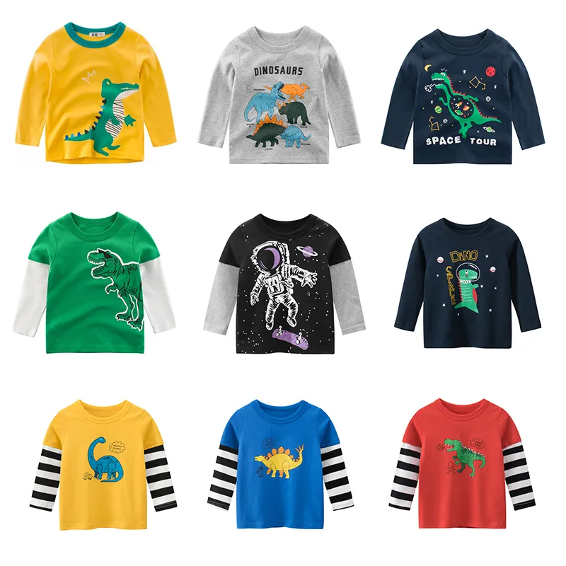 Hoodies tröjor 2023 Spring Children Boys Long Sleeve T Shirts Cartoon Dinosaur Little Tops 2 8 år barn Baby Tees Toddler kläder 230909