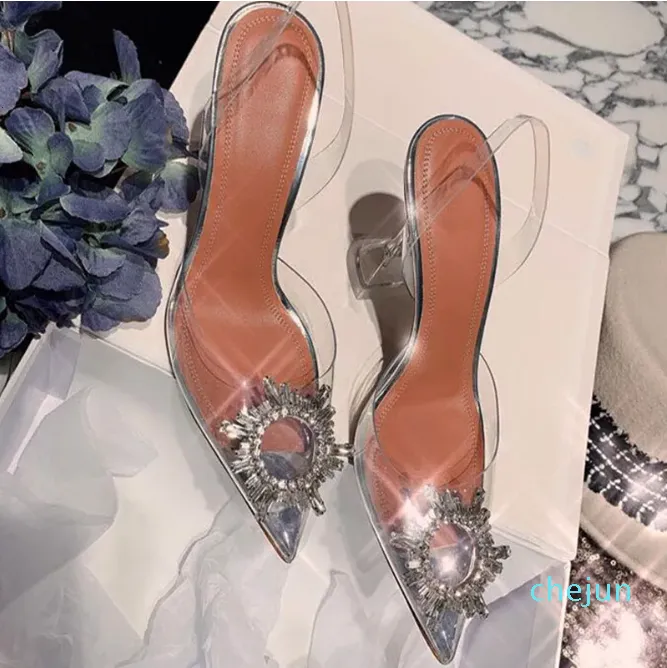 Zapatos de vestir de marca para mujer, zapatos de tacón alto con talón descubierto de cristal de lujo, zapatos de verano para mujer, zapatos de tacón para fiesta y boda de talla grande