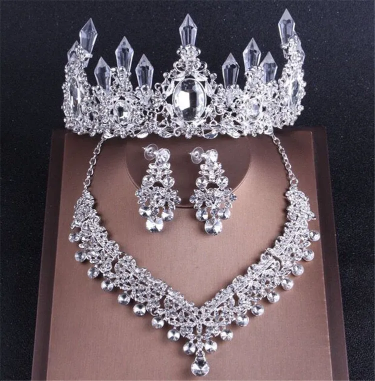 Luxury Silver Color Crystal Bridal Jewelry Set Rhinestone Crown örhängen Choker Halsband Kvinnor Bröllopsmycken