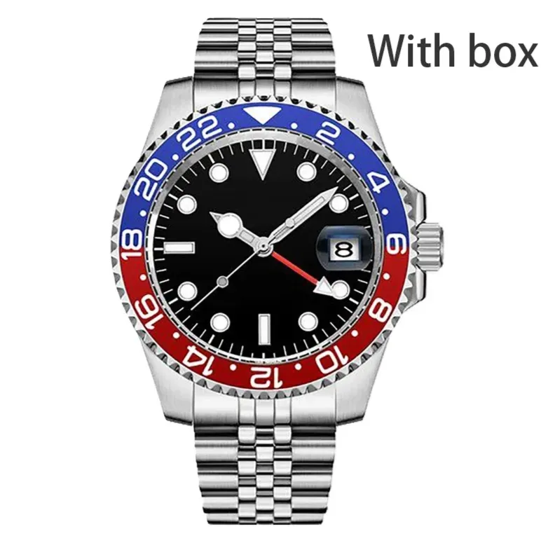 남성 마스터 시계 AAA 자동 레드 블루 골드 페이스 GMT Pepsi 40mm 사파이어 빛나는 고급 손목 시계 박스 손목과 함께 멋진 watchband