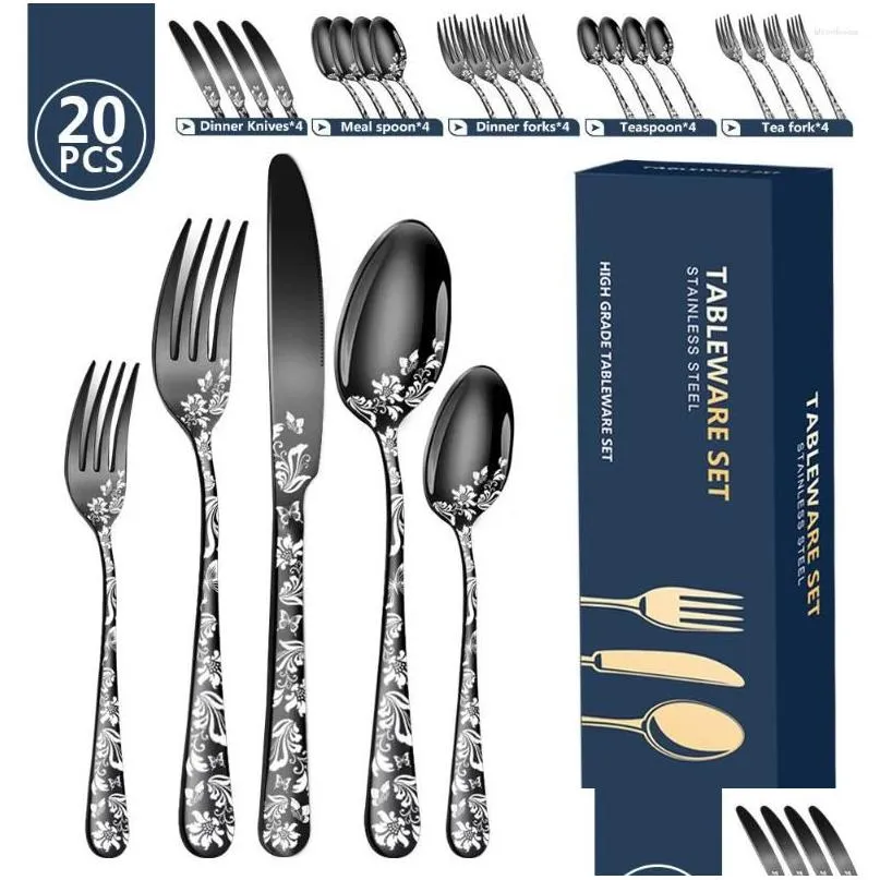 Ensembles de vaisselle 20 pcs modèle en acier inoxydable vaisselle couteau à steak et fourchette cuillère kit portable couverts ensemble dîner dessert co drop dhvcu