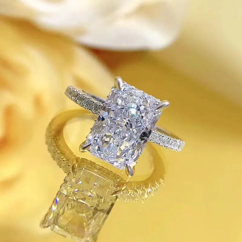 Anneaux de mariage Fine Pure Argent Haute Carbone Rectangle 3Ct Simulation Diamant Bague Radiant Cut Bijoux De Mode