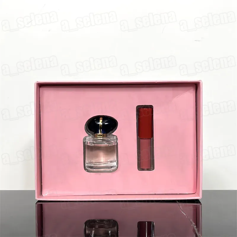 Marca 2 em 1 Conjunto de presente de perfume de maquiagem 1,5ml Lipcolor intenso aveludado fosco + 7ml Eau De Parfum Spray Cosméticos Fragrância Mini Size Collection Kit de viagem