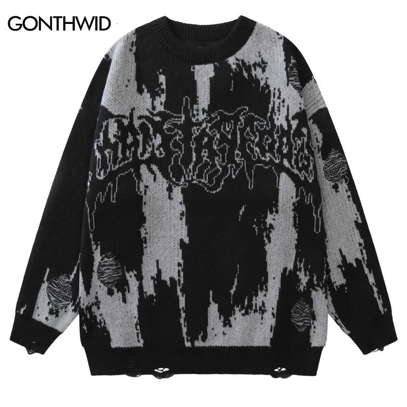 Mens Grunge Fashion Knitted Pullover: Hip Hop Ripped Y2K Gothic