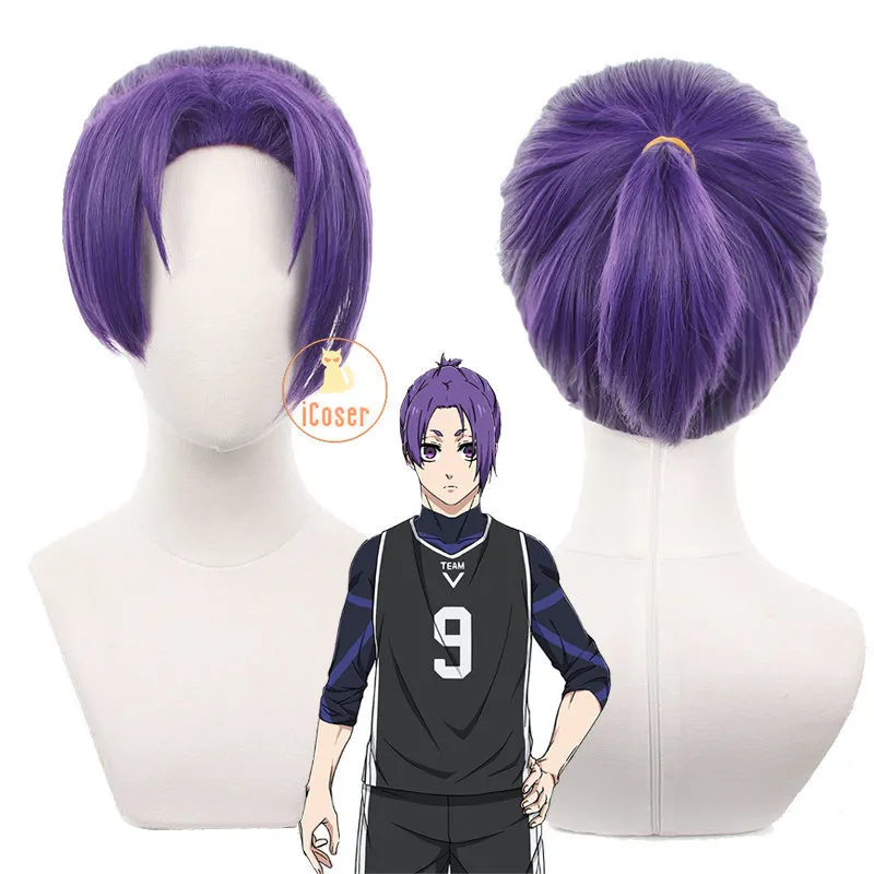 Cosplay Wigs Anime Blue Lock Mikage Reo Cosplay Wig Purple Ponytail Hair Team V No.9 Football Player Seishiro Nagi Halloween Accessory Men 230908