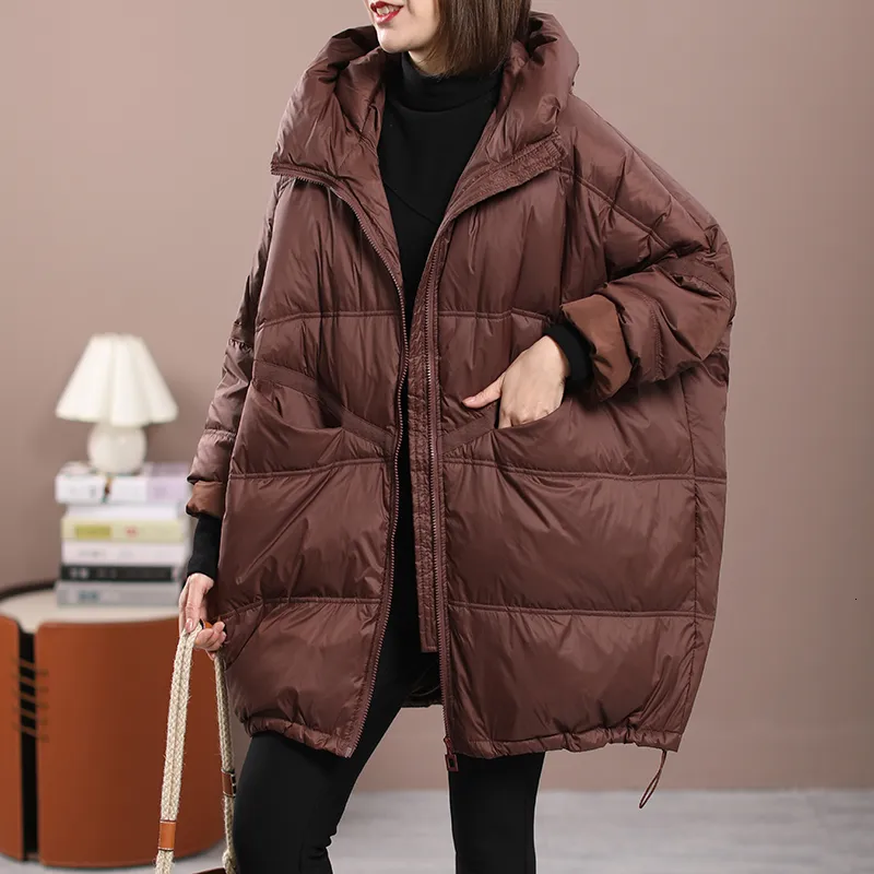 Damenjacken Lagabogy 2023 Winter Frauen Weiße Ente Daunen Lose Jacke mit Kapuze Weibliche Dicke Warme Outwear Lässige Übergröße Patchwork Mäntel 230908