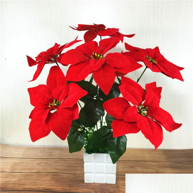 Couronnes de fleurs décoratives Poinsettia artificielle de Noël en soie en pot fausse fleur florale pour la décoration de la maison bureau livraison directe Otg9A