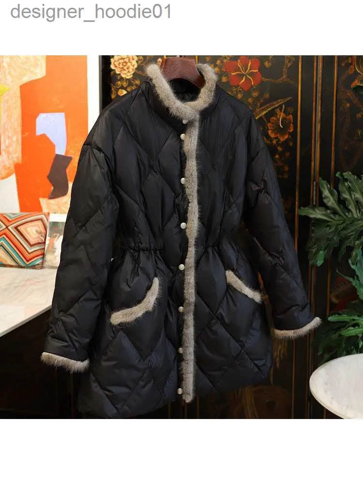 Parkas en duvet pour femmes Parkas en duvet pour femmes hiver longs manteaux rembourrés en coton bordure à franges français flou chaud Baggy polaire imitation vison Parka Midilegth vestes 2023 230106 L