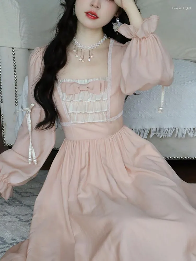 Vestidos casuais rosa elegante doce estilo coreano vestido mulheres frança vintage festa de noite midi bolha manga retro kawaii fada 2023