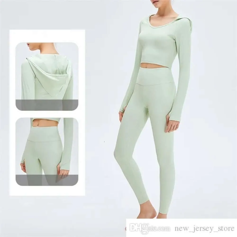 LL-42 Tracksuit Womens Suits Yoga Set Outfit Running Long Sleeve Tops Nionde byxor tränar vuxen hög midja fitness slitage flickor elastiska sportkläder