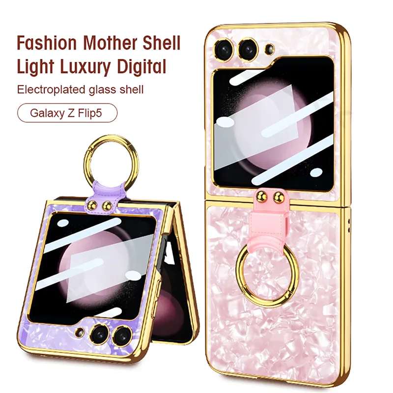 Luxury Conch Pattern Vogue Phone Case for Samsung Galaxy Z Folding Flip4 Flip3 Flip5 5G Slim Full Protective Membrane Plating Kickstand Fold Shell with Ring Holder