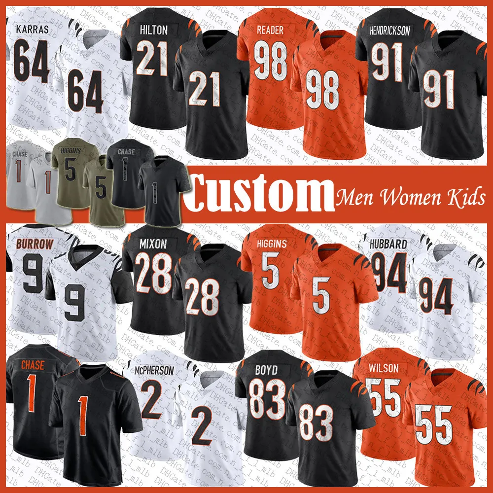 Maillot de football personnalisé Joe Burrow Mixon JaMarr Chase Tee Higgins Sam Hubbard Tyler Boyd Ted Karras Mike Hilton DJ Reader Logan Wilson Evan McPherson Trey Hendrickson