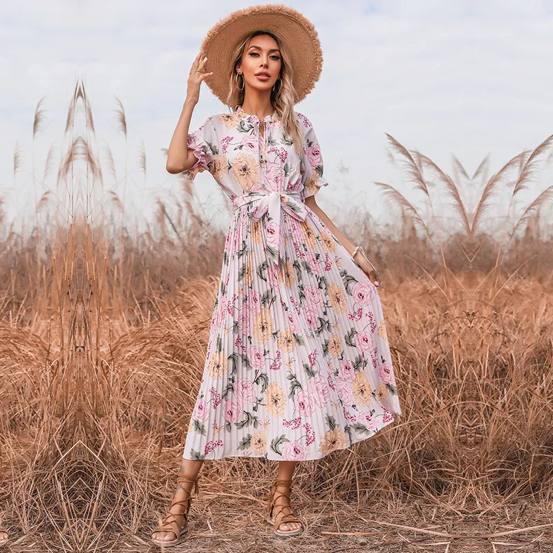 Vestido largo estampado con temperamento ligeramente maduro Vestido Mori europeo y americano con sentido del diseño con volantes