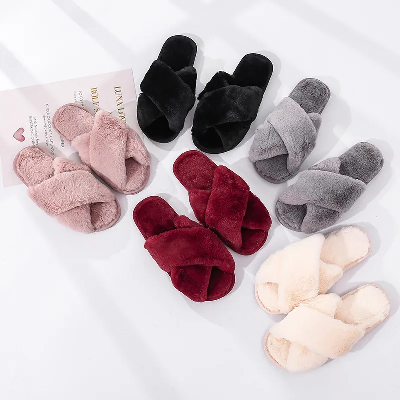 Slippers Winter Dames Huispantoffels Nepbont Mode Warme schoenen Dames Slip op Flats Vrouwelijke dia's Zwart Roze gezellig huis harige pantoffels 230908