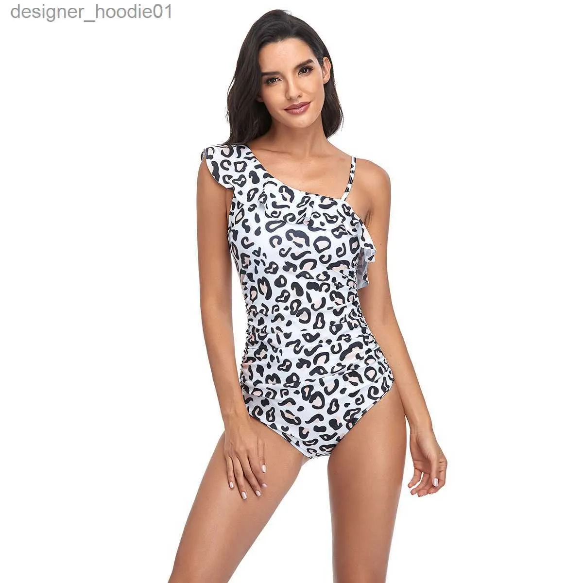 Mulheres Swimwear Falbala Ombro Inclinado Mulheres Swimwear Bodysuits Branco Rosa Leopardo Estampado Maiô Onepiece para Meninas Cintura Emagrecimento Plissado Sexy Banho Su