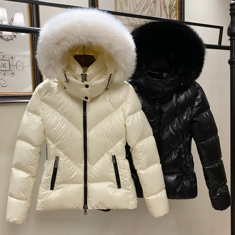 Giacca da donna Collo in pelliccia di volpe Piumini Colletto in piumino Cappotti Cappotto invernale Nero brillante Caldo Parka alla moda Capispalla