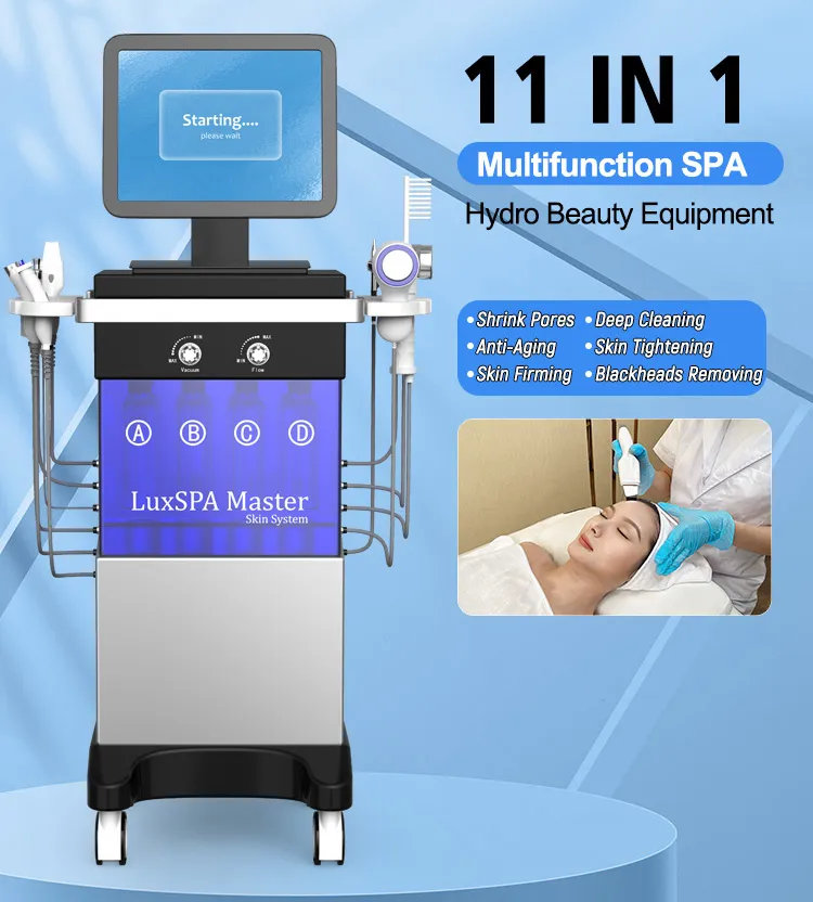 11 i 1 Hydradermabrasion Care Face Machine Fraktional RF Ultraljud Microdermabrasion Professional Oxygen ansiktsutrustning kristall diamantvatten skalning