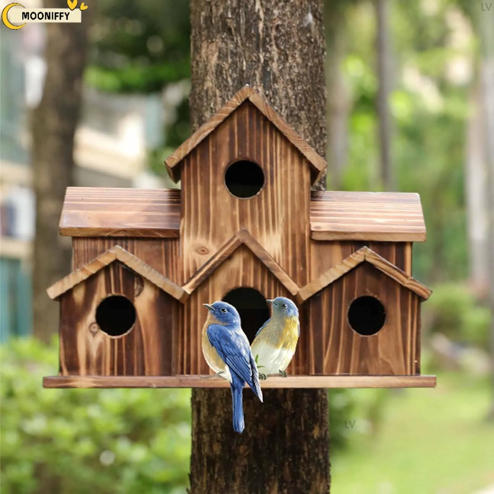 Cages à oiseaux suspendues en bois, maison de colibri pour l'extérieur, 6 trous, fait à la main, naturel, grand abri extérieur, décoration d'arrière-cour, 230909