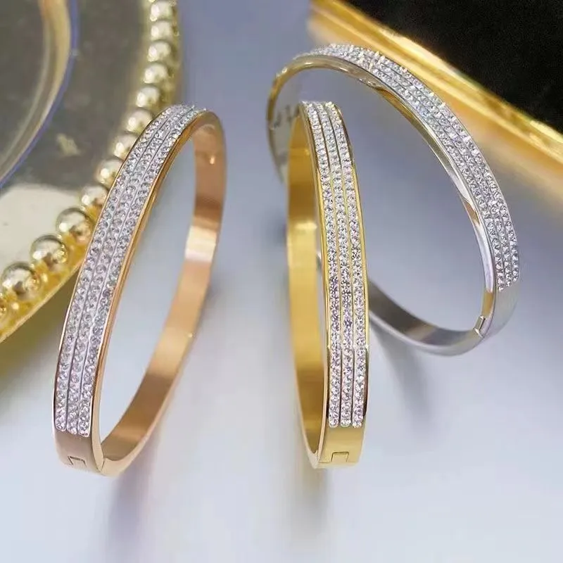 Hot Luxury Top Fine Brand Pure 925 Sterling Silver Jewelry Women Easy Lock Bangle Rose Yellow Gold Full Diamond Bangle Wedding Engagement Main Diamond Bracelet