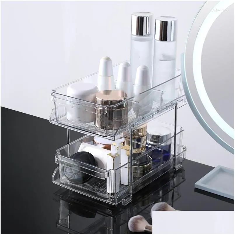 Lagringslådor BINS 2 Tier Transparent kosmetiska fall Holder Desktop Makeup Organizer Eyeliner Pen Foundation Blush Eyeshadow Brushe Dhddc