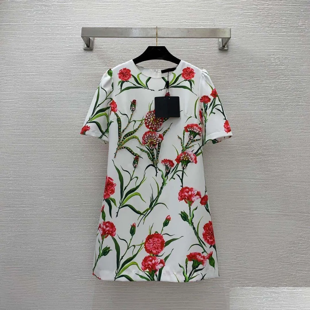 Basic Casual Dresses 2023 Spring White Floral Print Beaded Dress Short Sleeve Round Neck Rhinestone B3F171713 Drop Delivery Appare Dh0Pn