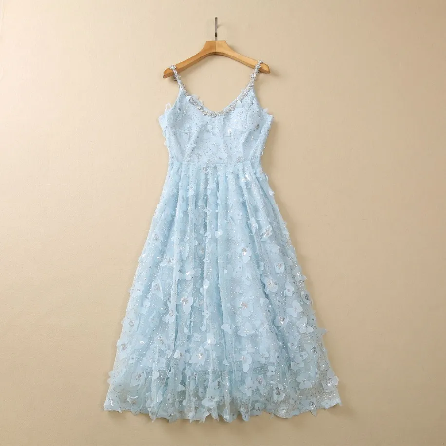 2023 Blue Tiul Butterfly Rhinestone Beade Sukienka Spaghetti Pasek V-dół midi sukienki S3M120309