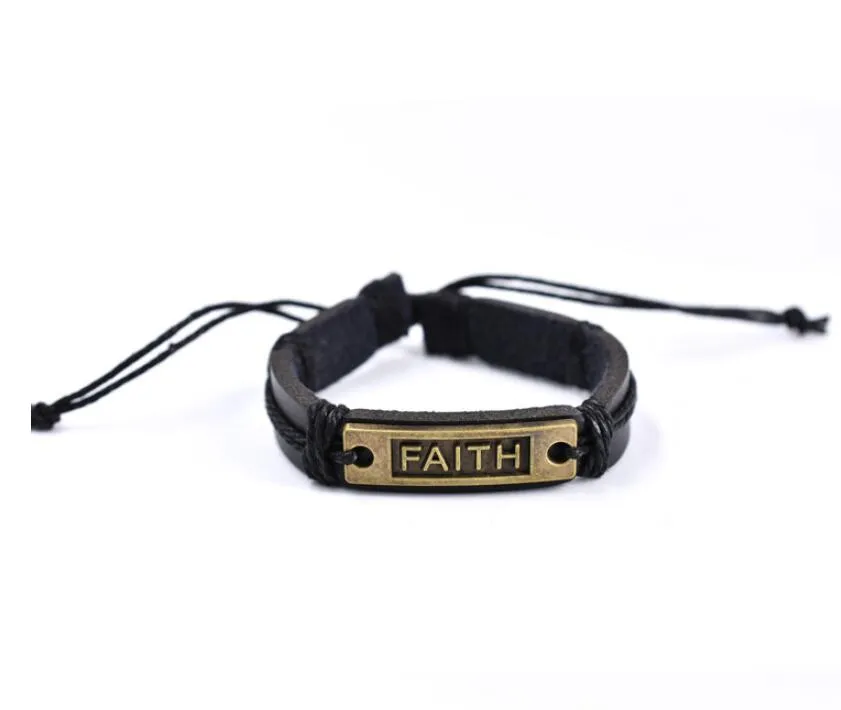 Perlé Vintage Hommes En Cuir Noir Lettre De Foi Bracelet Bracelet Tressé Corde Réglable Wrap Cire Doublé Bracelets En Papier Livraison Directe Otcwt