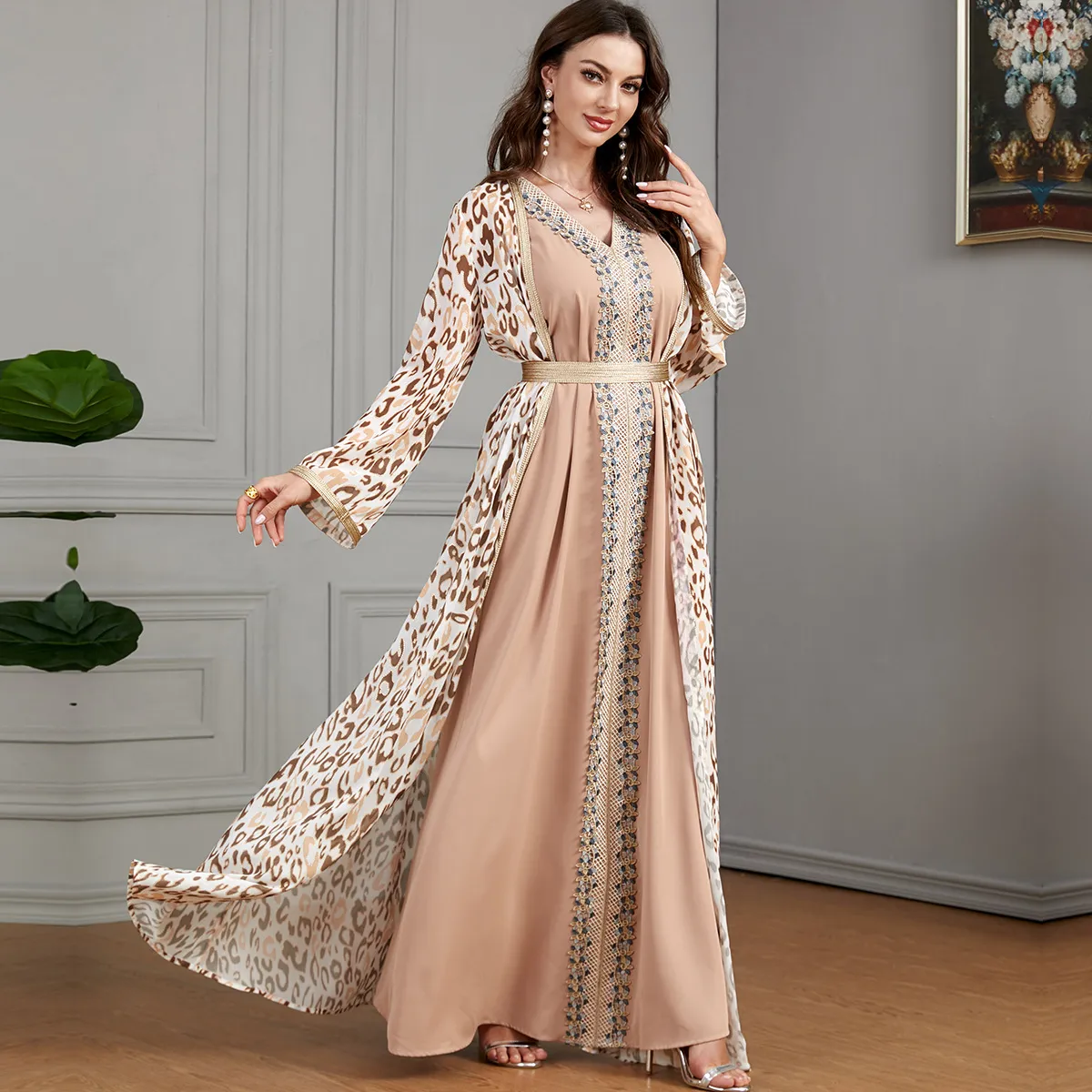 Modesta Muçulmana Mãe da Noiva Uma linha Elegant V Neck Mangas compridas Chiffon Duas peças Vestidos de convidado de casamento Vestido de celebridade do vestido de noite 403