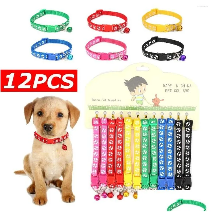 Hundhalsar Leases Justerbar 12st/Set Pet Collar med Bell Lovely Small FootPrint Flower Strap Nylon Fabric Puppy Teddy Cat Kit DH4VM