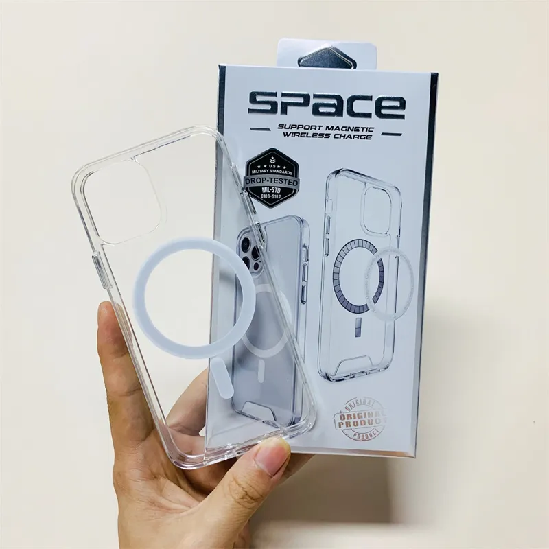 Space Clear Acrylic Phone Cases for iPhone 15 14 13 12 11 Pro Max with Electroplated Silver Button Full Camera Protection Magnetic Wireless Charging Cover