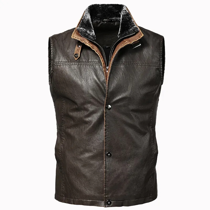 Gilet da uomo Gilet in pelle PU da uomo Vintage Casual Steampunk Senza maniche Cappotto Jakcet da moto 2023 Autunno Collo di pelliccia staccabile 5XL 230909