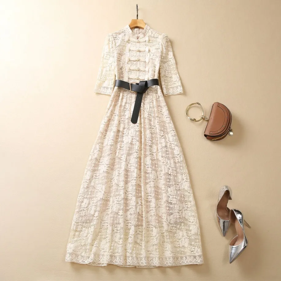 2023 Black / Beige Belted Lace Sukienka 1/2 pół -rękawów przyciski kołnierza długie maksymalne sukienki S3A240420