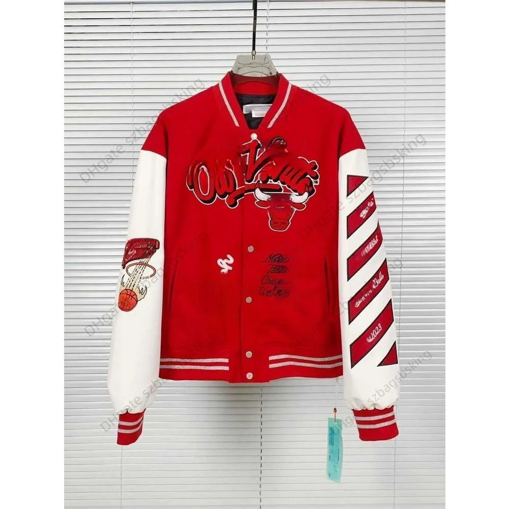 Fall/Winter off brand white jacket Designer 2024 Fashion Hand embroidered woolen baseball uniform mens and womens casual leather sleeves coat