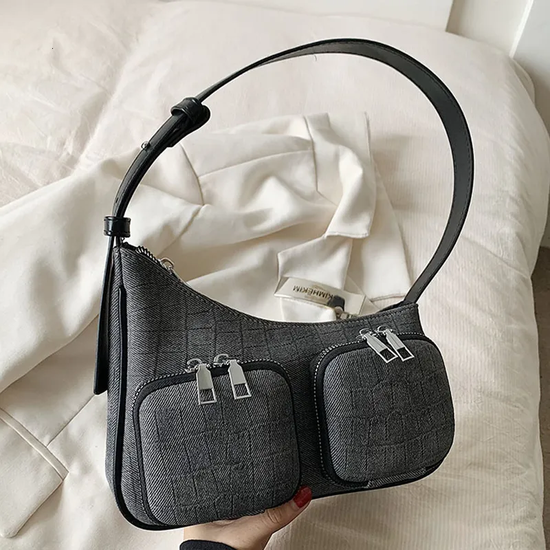 Вечерние сумки на плечо для женщин, сплошной цвет джинсовой ткани с кожей, трендовые сумки 2023 года, маленькая сумочка, ручная женская дизайнерская клатч на молнии 230908