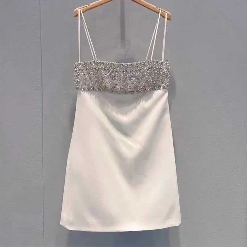 2023 Summer White Solid Color Dress Sleeveless Square Neck RhinestoneKnee-Length Casual Dresses S3S01M185