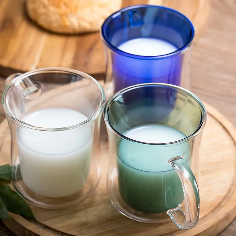 Dubbellaagse creatieve gekleurde glazen beker, koffiebeker voor thuis, sapbeker, melkbeker en beker met slanke handgreep